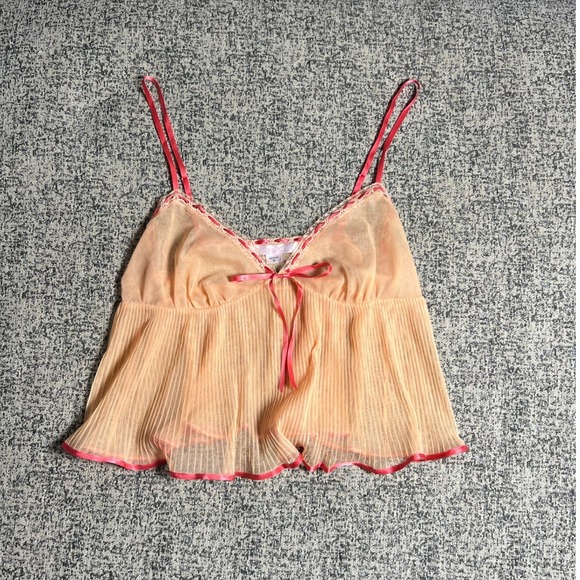 Victoria's Secret Tops - Victoria's Secret Sheer y2k Pleated Babydoll Cami Top Peach Pink Lace Bow Small